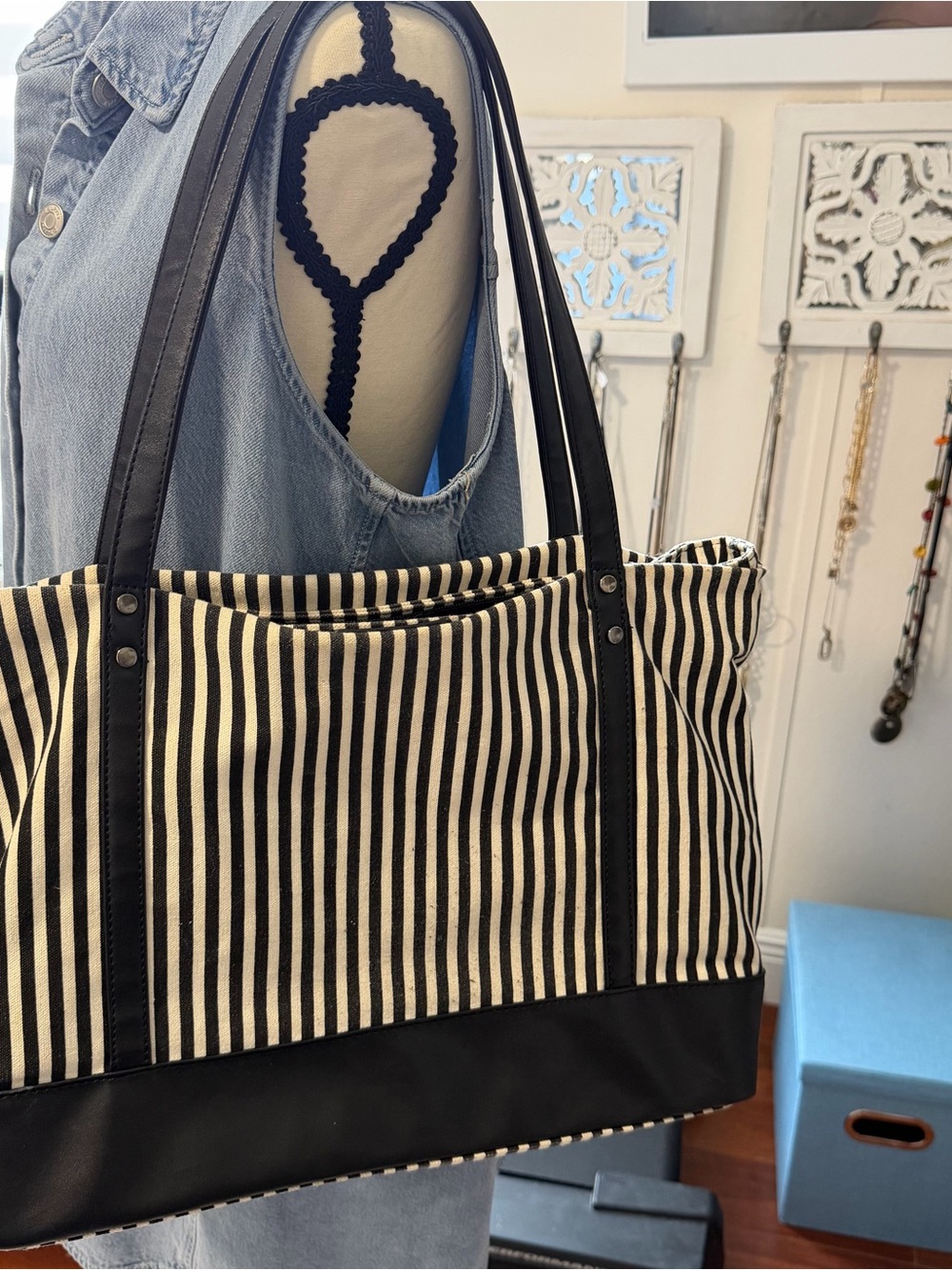 Striped Canvas Tote Bag with Black Trim